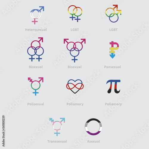 sexual identity / sexual orientation vector icons with shadows. Set of LGBT icons various sexual identities