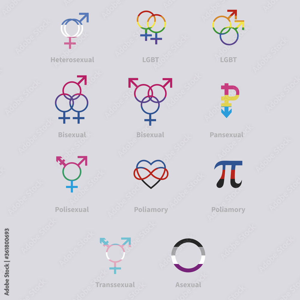 sexual identity / sexual orientation vector icons without shadows. Set of LGBT icons various sexual identities