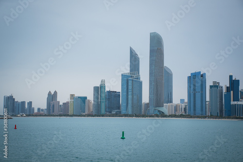 Abu Dhabi skyline from the Marina coast on a cloudy rainy day