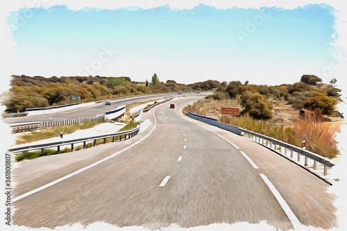 A road is in Spain. Imitation of oil painting. Illustration