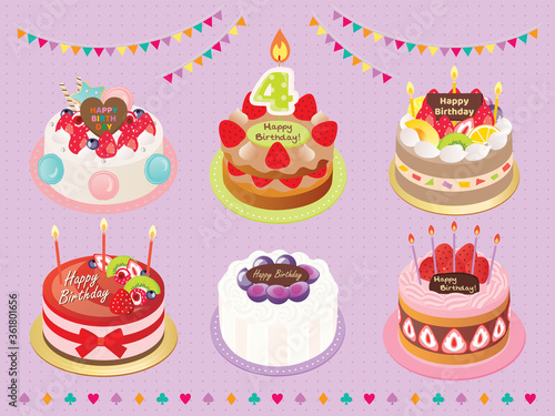 Birthday cake set in purple background