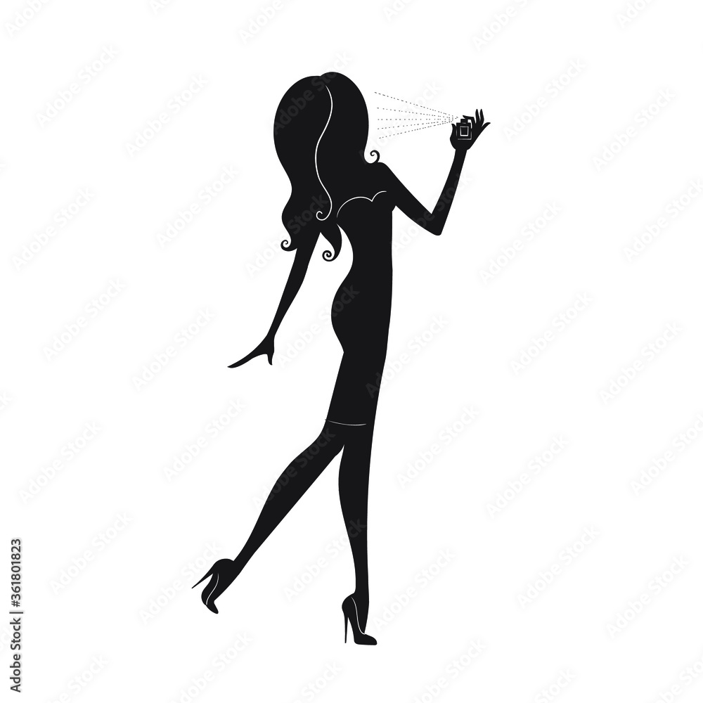The black silhouette of a woman with perfume isolated on white background. Vector illustration.