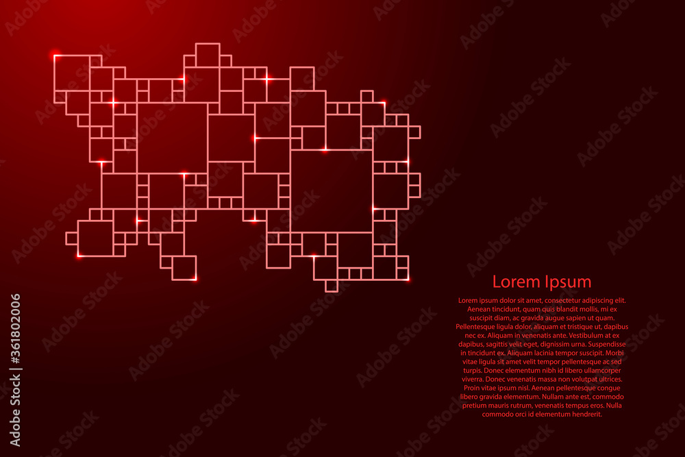 Jersey map from red pattern from a grid of squares of different sizes and glowing space stars. Vector illustration.
