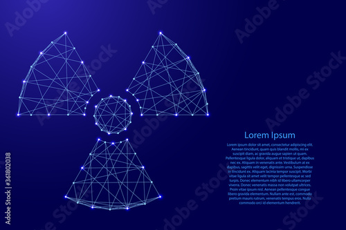 Radiation hazard sign from futuristic polygonal blue lines and glowing stars for banner, poster, greeting card. Vector illustration.