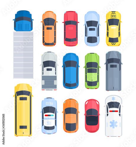 Vector set of cars top view in cartoon flat style. City vehicle transport icons. Trucks, sedan, hatchback, police, ambulance cars. Street city traffic and transport elements. Automobile transportation
