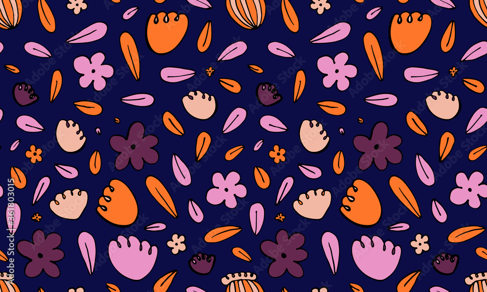 Collection of hand drawn flowers heads. Doodle illustration. Seamless pattern with simple floral elements