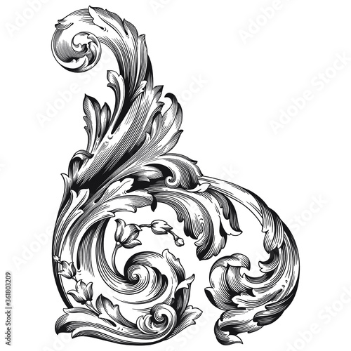 Vintage Ornament Element in baroque style with filigree and floral engrave the best situated for create frame, border, banner. It's hand drawn foliage swirl like victorian or damask design arabesque.