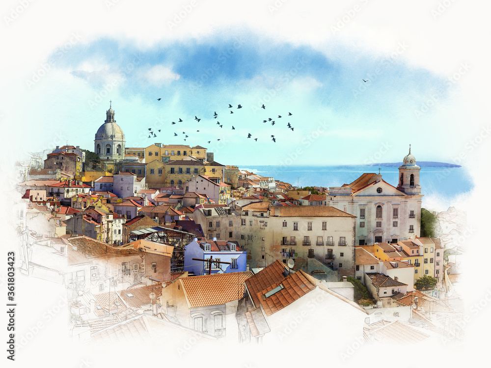 Panoramic view of the Alfama district in Lisbon, Portugal. Watercolor sketch