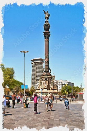 Barcelona. Monument to Christopher Columbus. Imitation of oil painting. Illustration © Pavel Parmenov