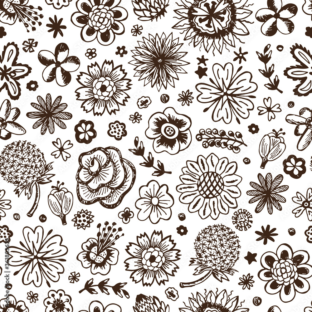 Wildflowers. Hand Drawn Doodles Flowers. Vector seamless floral pattern.
