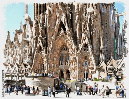 Barcelona. Fragment of temple of Sagrada Familia. Facade. Imitation of oil painting. Illustration