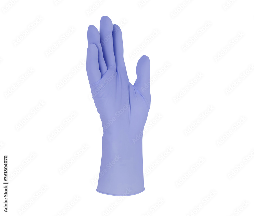 Obraz premium Medical nitrile gloves.Two purple surgical gloves isolated on white background with hands. Rubber glove manufacturing, human hand is wearing a latex glove. Doctor or nurse putting on protective gloves