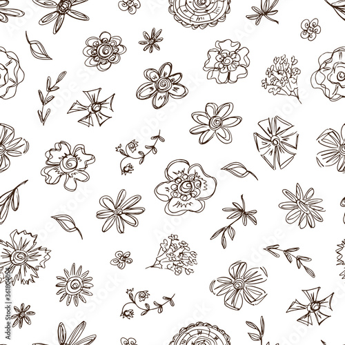 Wildflowers. Hand Drawn Doodles Flowers. Vector seamless floral pattern. 