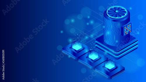 Server room. Big data processing. Central processor unit isometric