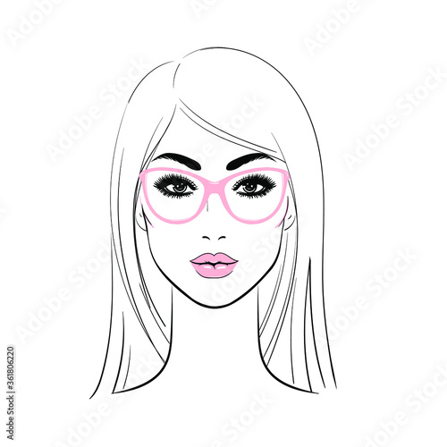 Glamour fashion beauty woman face illustration. Woman's head on a white background. Woman with glasses. Vector illustration.