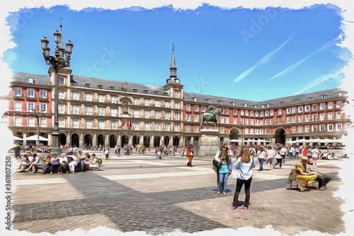 Madrid. Plaza Mayor. Imitation of oil painting. Illustration