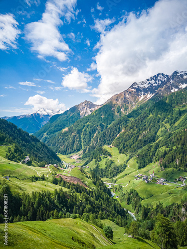 Scenic view over the Passeier Valley above Moos near Rabenstein, South Tyrol, Italy.