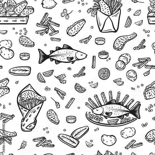 Fish and Chips Vector Seamless Pattern. Fast Food Background. Raw and Fried Seafood and Vegetables. Hand Drawn Doodle Sketch Cod Fish, Filet, Potatoes, Potato Fries, Lemon and Sauce. Street Food Menu
