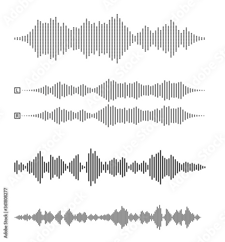 set of audio waveforms or sound waves, speech, noise or music symbol vector illustration