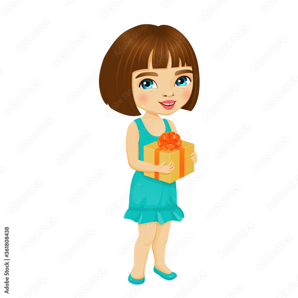 Cute cartoon little girl smiling and holding a gift box in her hands Cute cartoon little girl smiling and holding a gift box in her hands