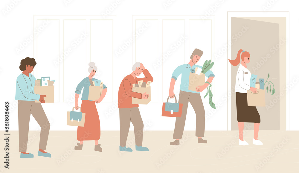 Unemployed characters set. Dismissed sad coworkers holding paper box collection leaving their office. Work crisis. Fired unhappy men and women with his things isolated on white background.  Vector ill