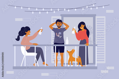 Friends hang out together on terrace. Young man and women having party on balcony of residential building. Social gathering. Drinking beverage in bottle. Weekend activities at home vector illustration