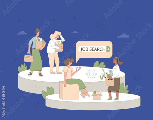 Unemployment concept. Dismissed sad women holding paper box. Work crisis. Fired unhappy persons standing with their things. Hard with job search. Vector flat illustration. 