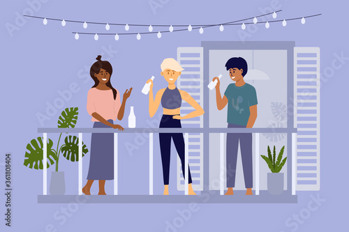 Young man and women having party on balcony of building. Multicultural group of people hang out together on terrace. Diverse friends drink beverage in bottles. Neighbour activities vector illustration