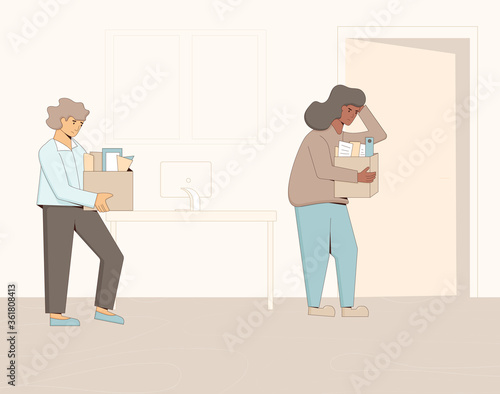 Unemployment concept. Dismissed sad character holding paper box. Work crisis. Fired unhappy man standing with his things. Job search. Vector flat illustration. 