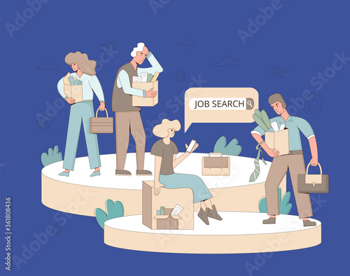 Unemployment concept. Dismissed sad characters holding paper box. Work crisis. Fired unhappy collegues standing with his things. Job search. Vector flat illustration. 