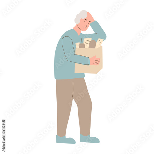 Retirement. Dismissed character. Unemployed sad person holding paper box. Work crisis. Fired unhappy mature man standing with his things isolated on white background.Vector flat illustration. .
