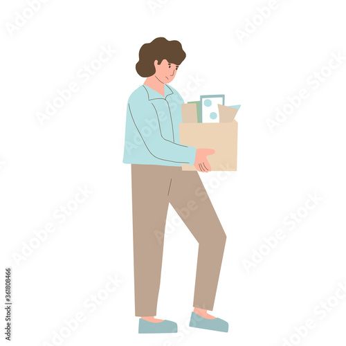 Dismissed character. Unemployed sad person holding paper box. Work crisis. Fired unhappy man standing with his things isolated on white background. Job search. Vector flat illustration. 