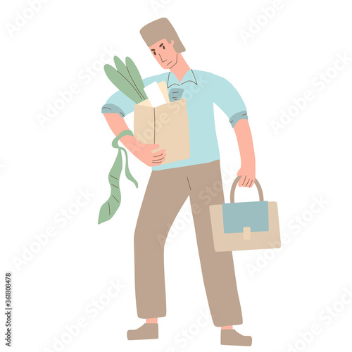 Unemployed character. Dismissed sad person holding paper box. Work crisis. Fired unhappy man standing with his things isolated on white background. Job search. Vector flat illustration. 