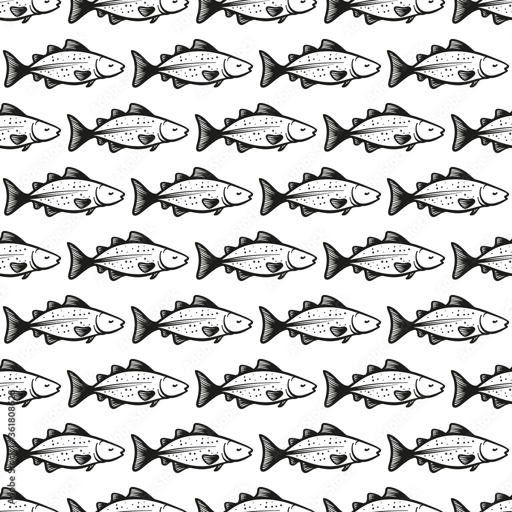 Cod Fish Vector Seamless pattern. Hand Drawn Doodle Sketch Codfish. Seafood Background
Cod Fish Vector Seamless pattern. Hand Drawn Doodle Sketch Codfish. Seafood Background