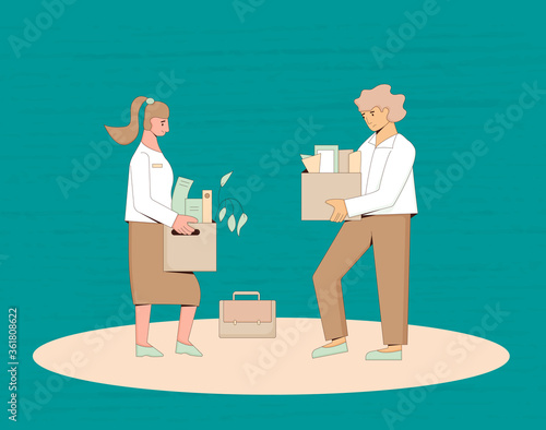 Unemployment concept. Dismissed sad woman and man holding paper box. Work crisis. Fired unhappy two friends standing with his things. Coworkers standing together. Vector line art illustration. 