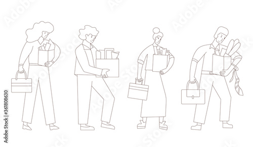 Unemployment concept. Dismissed sad characters set holding paper box. Work crisis. Fired unhappy people standing with their things. Job loss. Vector flat illustration. 