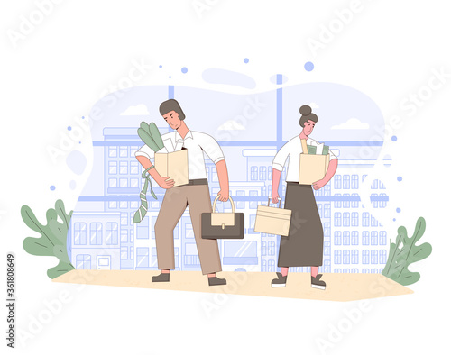 Unemployment concept. Dismissed sad characters holding paper box. Work crisis. Fired unhappy two friends standing with his things. Coworkers standing together. Vector line art illustration. 
