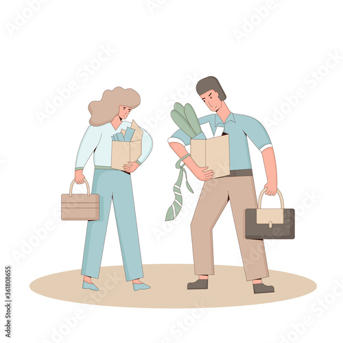 Unemployment concept. Dismissed sad characters holding paper box. Work crisis. Fired unhappy two friends standing with his things. Coworkers standing together. Vector line art illustration. 