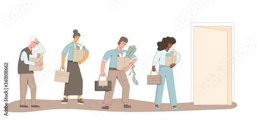 Unemployed people set. Dismissed sad coworkers holding paper box collection leaving their office. Work crisis. Fired men and women with his things isolated on white background. Vector illustration. 