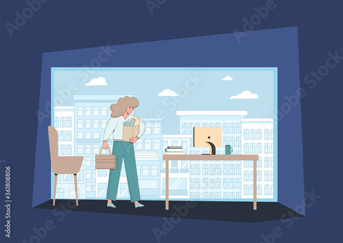 Unemployment concept. Dismissed sad character holding paper box and leaving her office. Work crisis. Fired unhappy woman standing with her things. Job search. Vector flat illustration. 