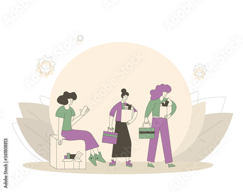 Unemployment concept. Dismissed sad characters holding paper box. Work crisis. Three fired unhappy women standing with his things. Job search. Vector flat illustration. 