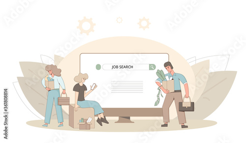 Unemployment concept. Dismissed sad characters holding paper box. Work crisis. Fired unhappy man and two women standing with his things. Job search. Vector flat illustration. 