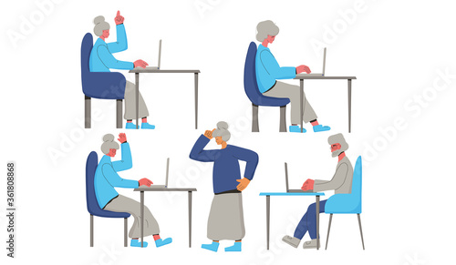 Senior people spend time using laptop.