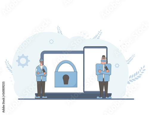Online privacy. Intellectual property rights. Vectror character with creaive new idea symbol.