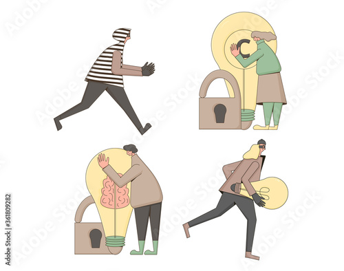 Intellectual property rights. Vectror character with creaive new idea symbol. Plagiarism and infringement of copyright