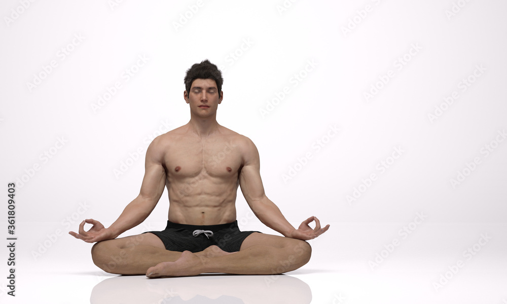 Fototapeta premium 3D Rendering : A mesomorph man meditating on the ground floor. A muscular man is sitting and practicing yoga in silence.