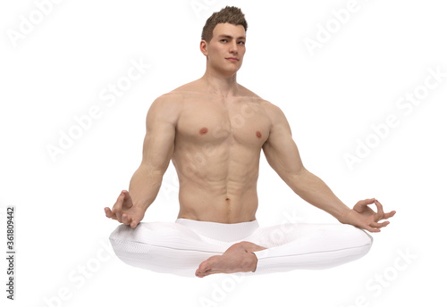 3D Rendering : A mesomorph man meditating on the ground floor. A muscular man is sitting and practicing yoga in silence.