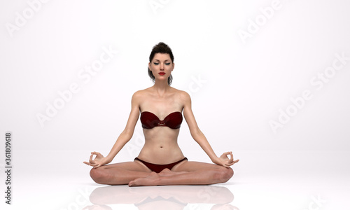 3D Rendering : An ectomorph woman meditating on the ground floor. A skinny woman is sitting and practicing yoga in silence.