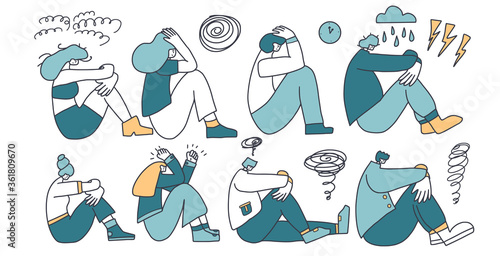 Mental disoder. Young people sitting on the floor.