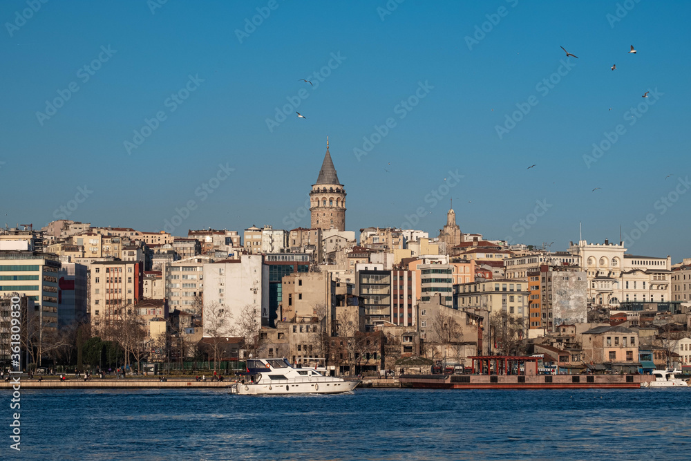 View of the city and Galata tower from the sea